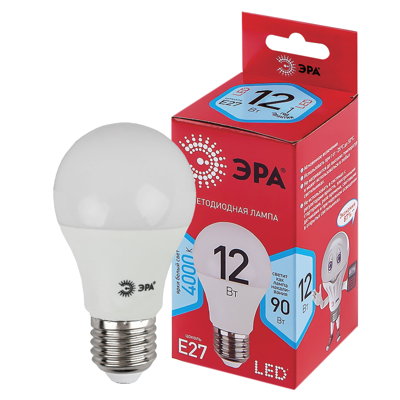 Лампа светодиодная ЭРА, 12 (90) Вт, цоколь Е27, груша, теплый белый, 25000 ч, LED A60-12W-4000-