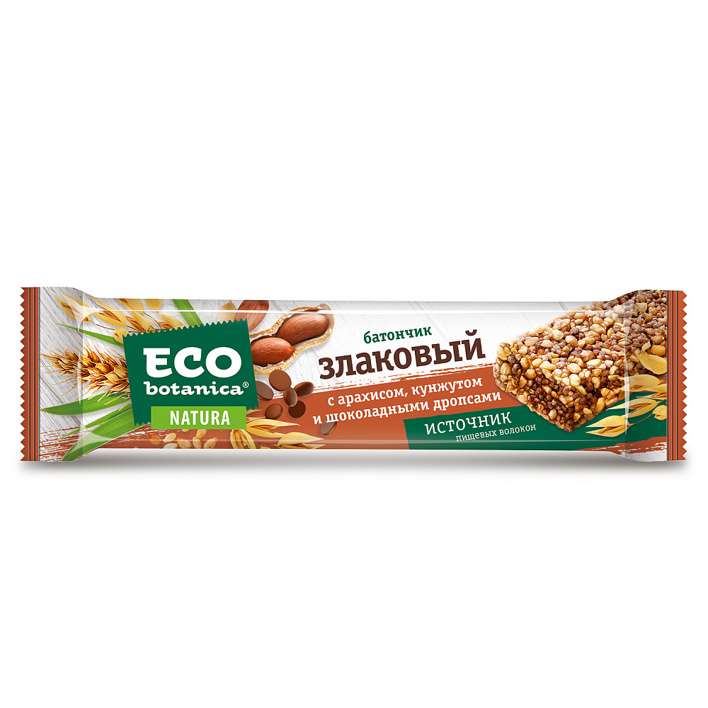 Eco-botanica NATURA батончик злаковый с арахисом злаками кунжутом и шоколадными дропсами 29 г